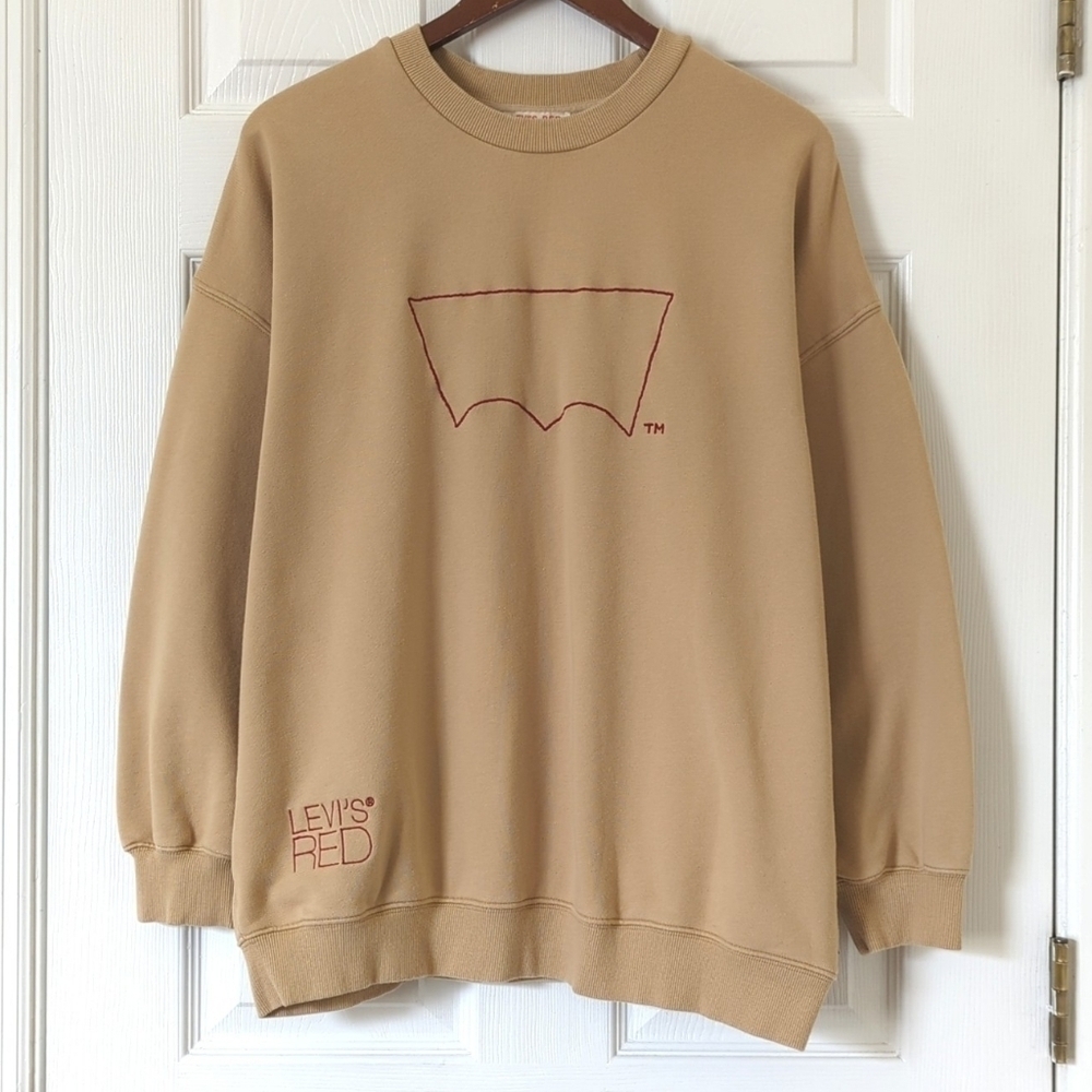 Levi's Red Embroidered Oversized French Terry Pullover Crewneck Sweatshirt Tan M
